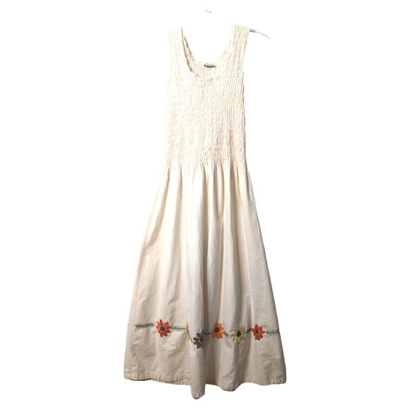 UTE Mexico Natural Muslin Smocked Embroidered Maxi Tank Dress Floral - Picture 1 of 7